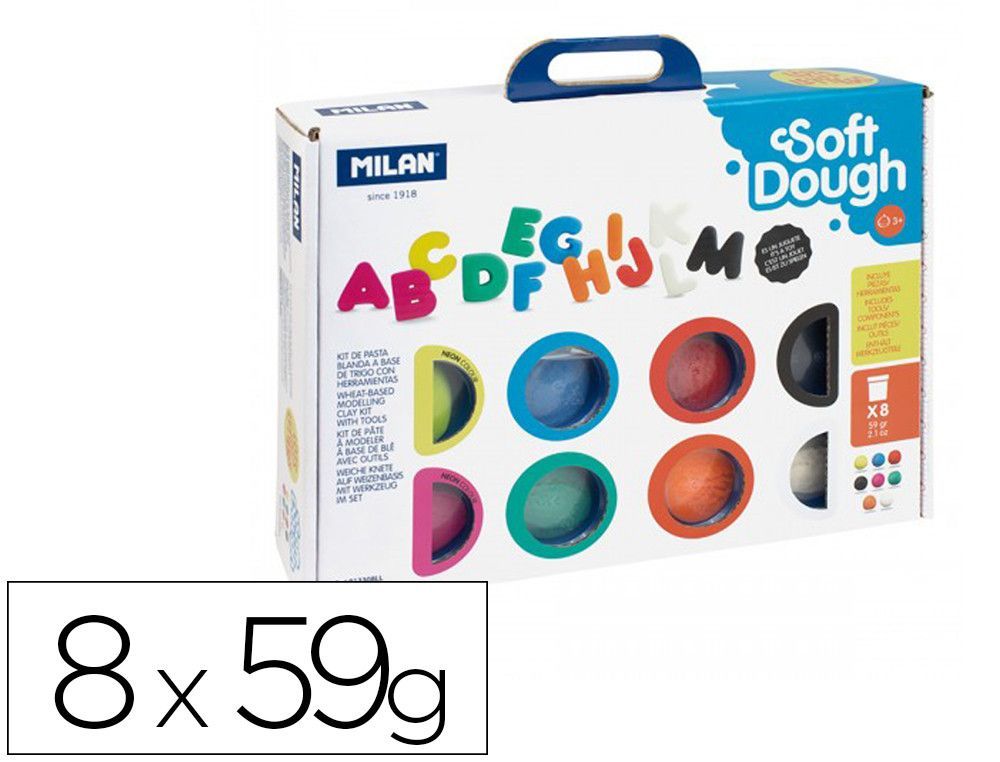 Pasta milan para modelar soft dough muchas letras con herramientas maletin con 8 botes colores surtidos 59 g