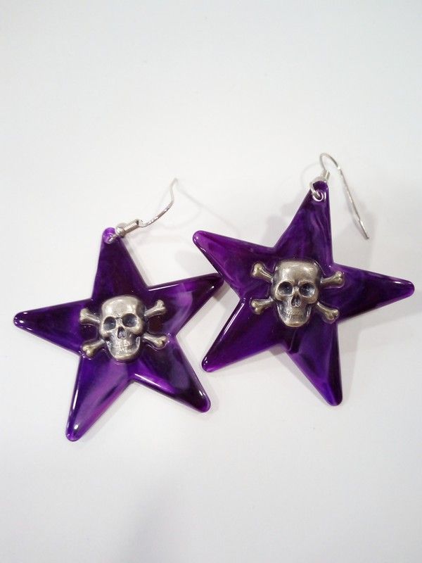 Pendiente Estrella Lila Calavera Plateada