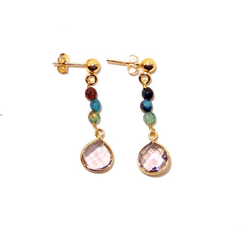 Pendientes de agatas verdes con lágrima. Plata dorada.