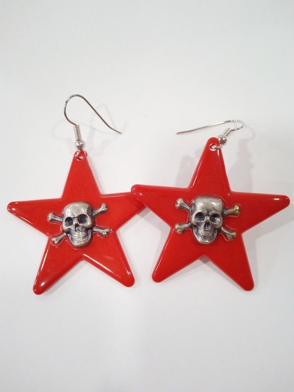 Pendientes Estrella Roja Calavera Plata