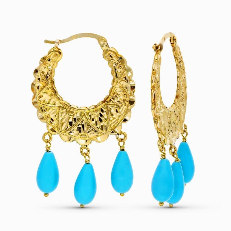 Pendientes Oro 18kts Aros Tallados Lagrima Turquesa 11979-T