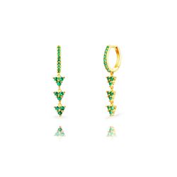 Pendientes Plata Dorada 25mm PEZ1654DOZV Aro Colgante Triple Triángulo Circonitas Verdes