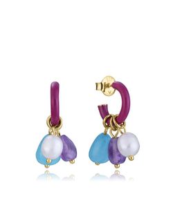 Pendientes Plata Dorada Viceroy 2,2Cm 13245E100-99 Medio Aro Esmalte Morado Colgante Piedras Multicolor