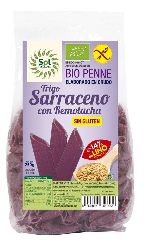 Penne T.Sarraceno Remolacha-Lino Bio S/G 250 G