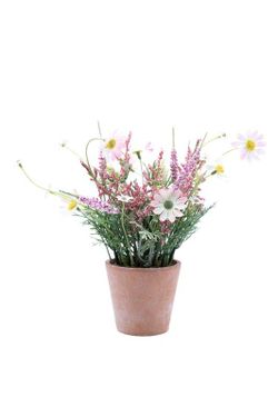 Pequeña planta de flores artificiales en color rosa con base de terracota