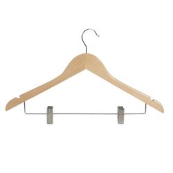 Percha recta 45 cm con muescas, barra metálica y pinzas para pantalones. Percha Madera Recta.3 U.C/Pinzas Habitex