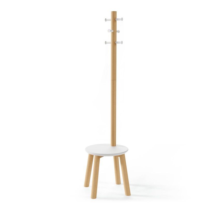Perchero con taburete Pillar blanco y madera natural, 49,9x49,9x167 cm