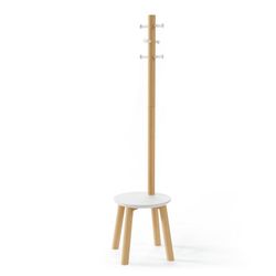 Perchero con taburete Pillar blanco y madera natural, 49,9x49,9x167 cm