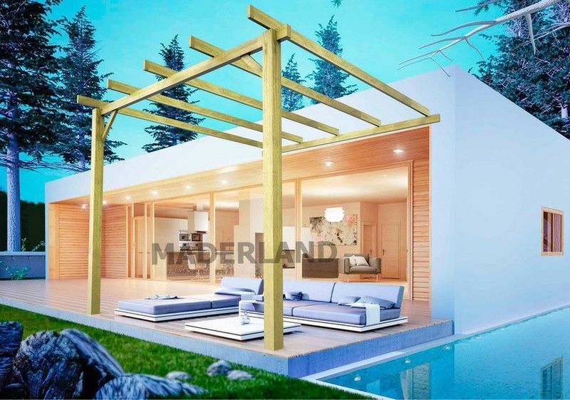 Pergola Adosada de madera Maciza HUESCA con tratamiento Autoclave A4 + tornilleria INCLUIDA