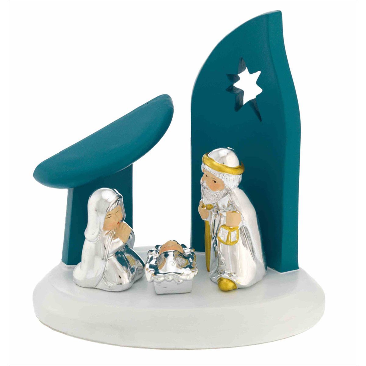 Pesebre Navidad Cerámica 13x8x14cm N8676-02 Portal Dosel Azul Bicolor Blanco
