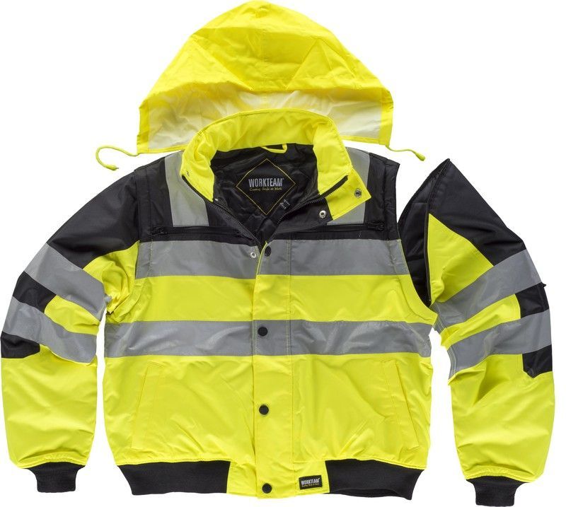 Piloto combinada con cierre de cremallera, capucha, mangas desmontablesBandas reflectantes Negro Amarillo A.V.