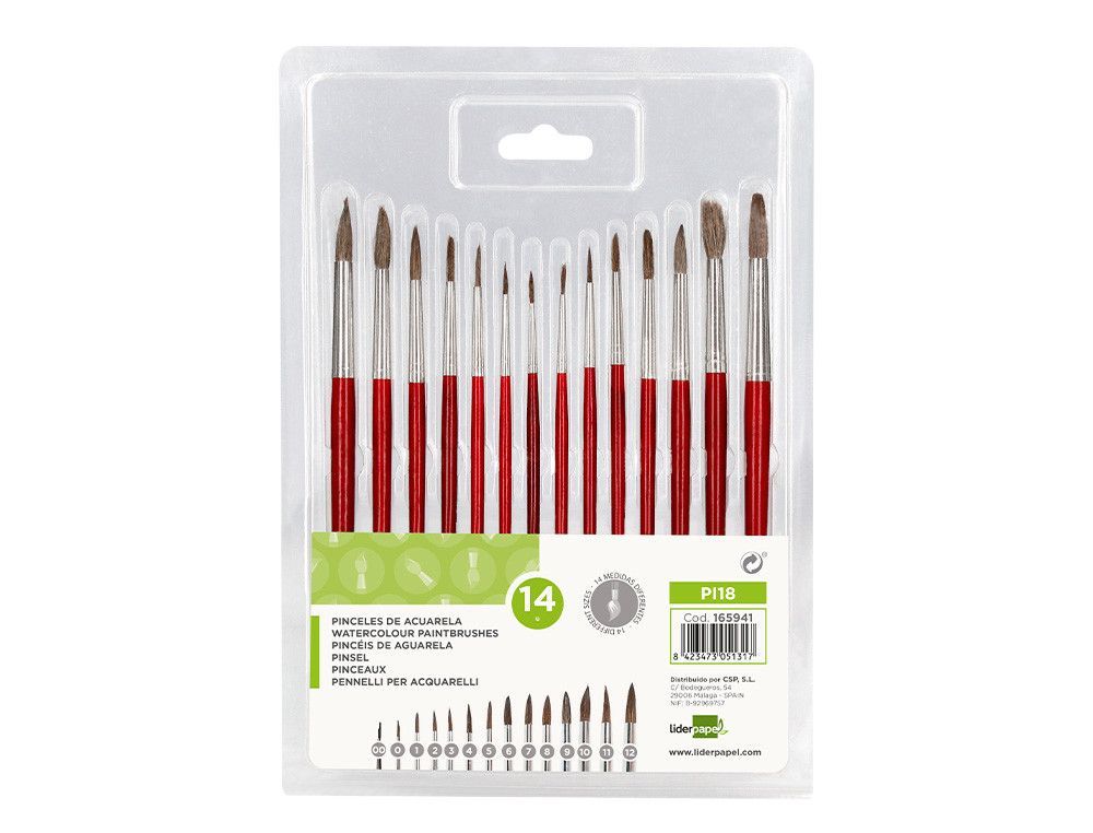 Pinceles acuarela liderpapel virola cromada pelo engomado blister de 14 unidades surtidas