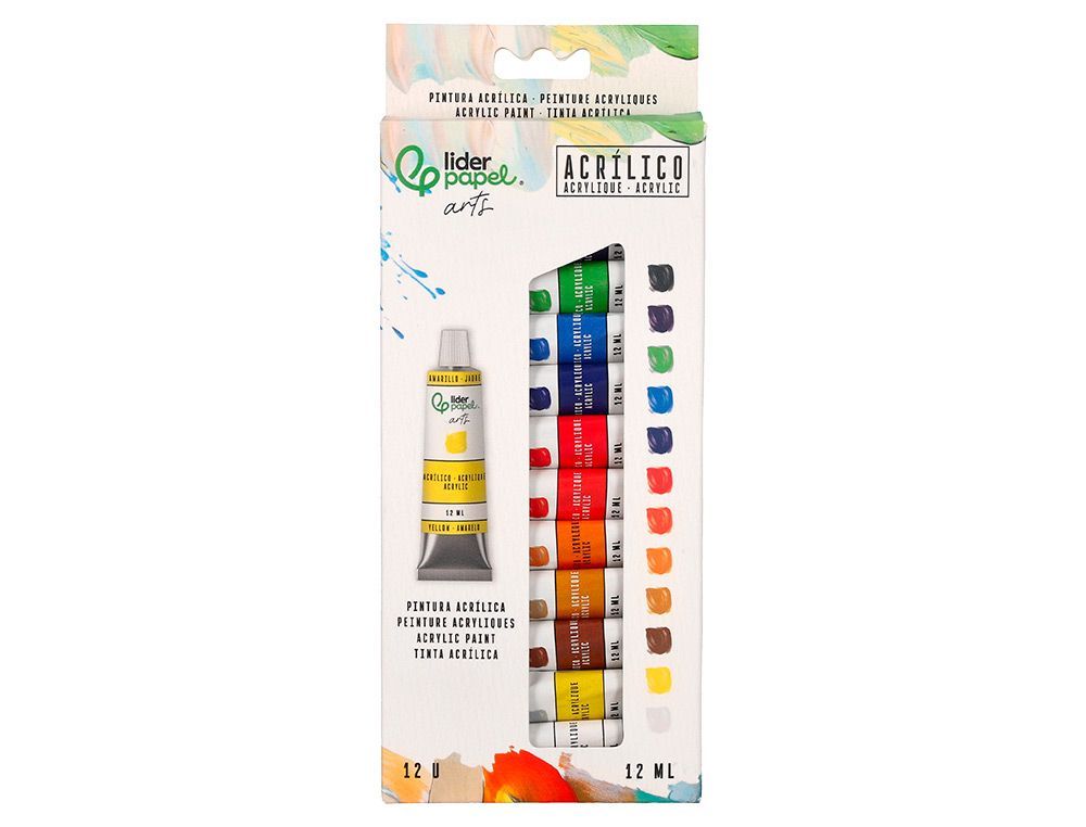 Pintura acrilica liderpapel caja de 12 tubos de aluminio de 12 ml colores surtidos