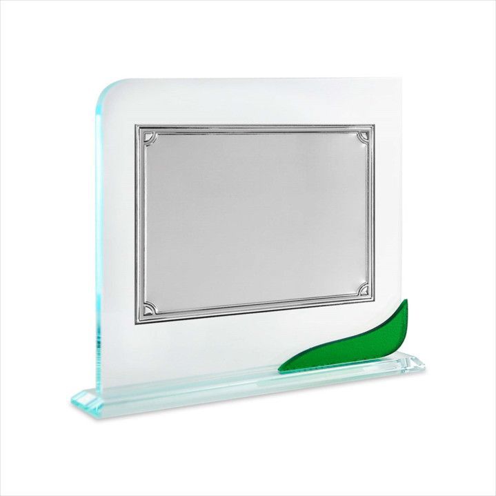 Placa Homenaje Cristal-Aluminio 24x20cm P-2257/3C Detalle Esquinas C/Adorno Verde