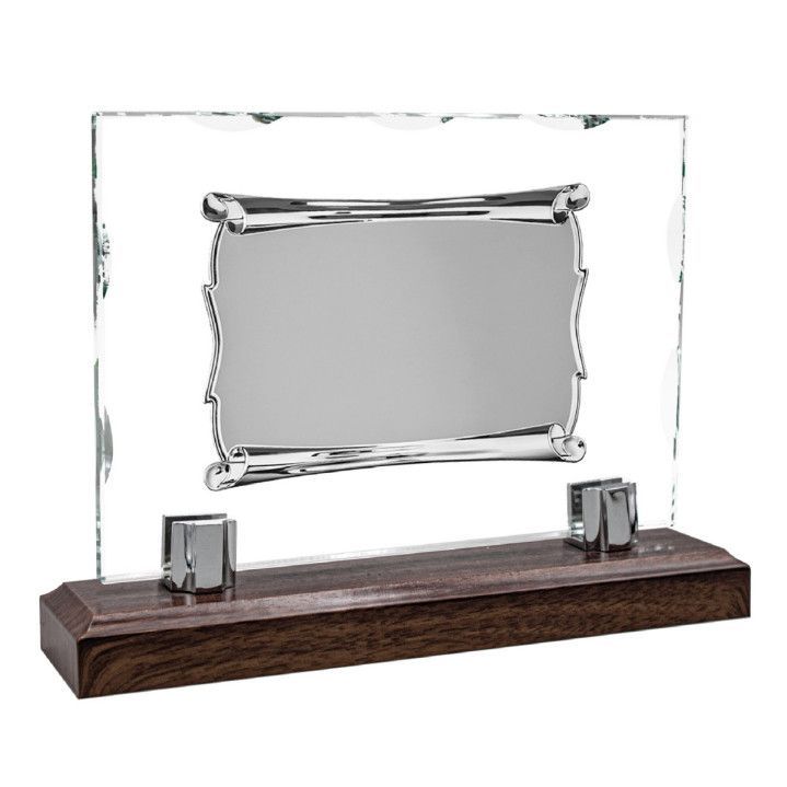 Placa Homenaje Cristal-Aluminio 25x17,80cm P-3027/3C Base Madera Chapa Pergamino 16x12cm