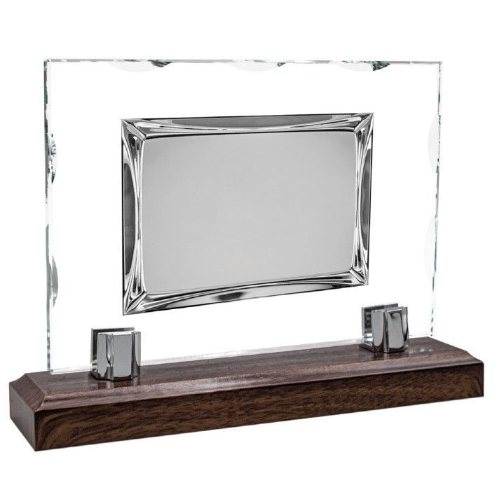 Placa Homenaje Cristal-Aluminio 25x17,80cm P-3028/3C Base Madera Chapa Bordes Gruesos 16x12cm