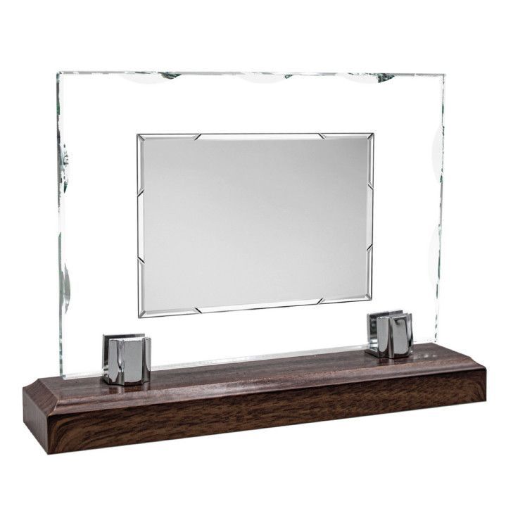 Placa Homenaje Cristal-Aluminio 25x17,80cm P-3029/3C Base Madera Chapa Bordes Detallados 16x12cm