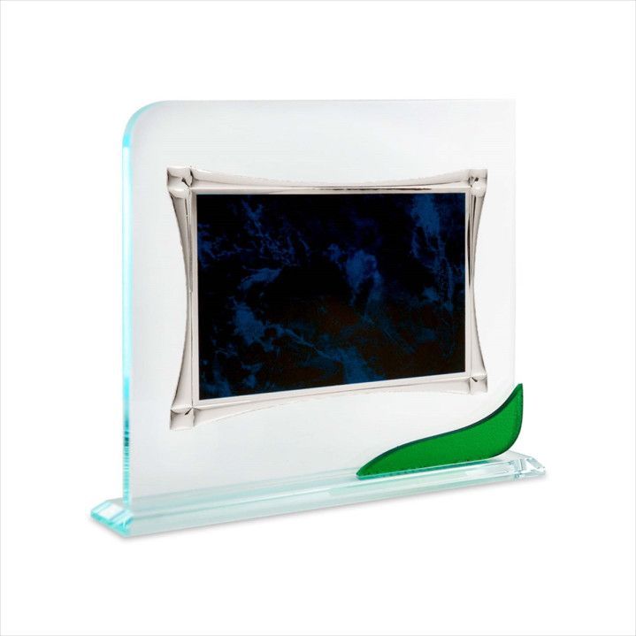 Placa Homenaje Cristal-Aluminio 26x22cm P-2253/2C Esquinas Alargadas Centro Azul C/Adorno Verde