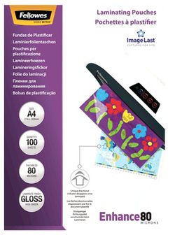 Plastico plastificar Brillo FELLOWES A4 80 mic 100 und.