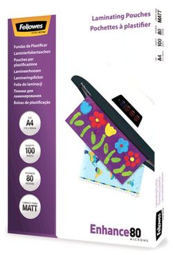 Plastico plastificar Mate FELLOWES A4 80 mic 100 und.