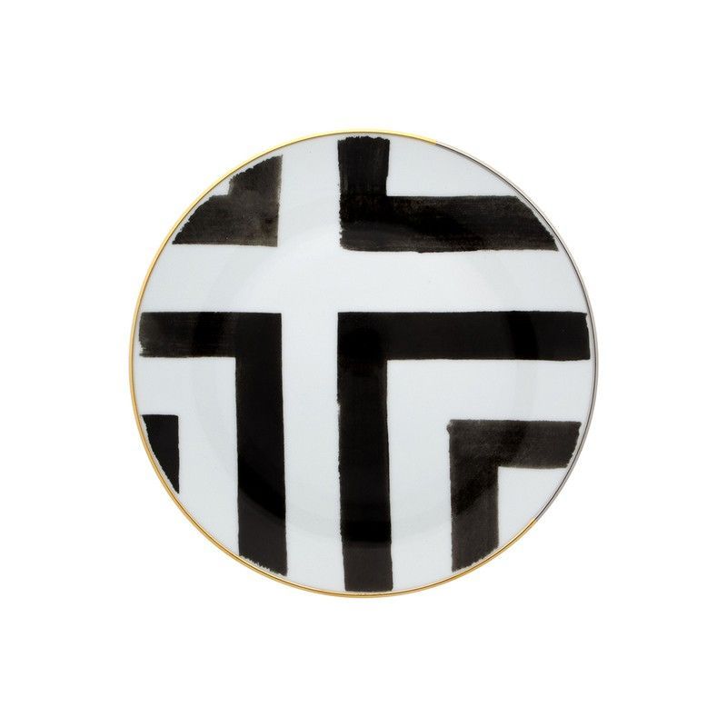 Plato de pan de porcelana en blanco, negro y dorado, 19,4 x 19,4 x 2,1 cm | Sol y Sombra