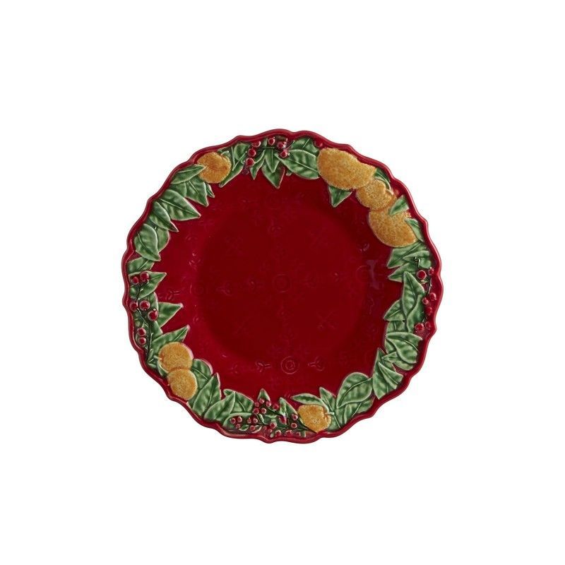 Plato de postre de loza en rojo y multicolor, Ø 22 x 2,2 cm | Corona de Navidad