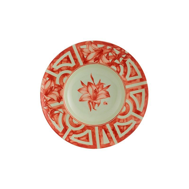 Plato hondo de porcelana en rojo y blanco antiguo, 25,2 x 25,2 x 4,6 cm | The Meaning