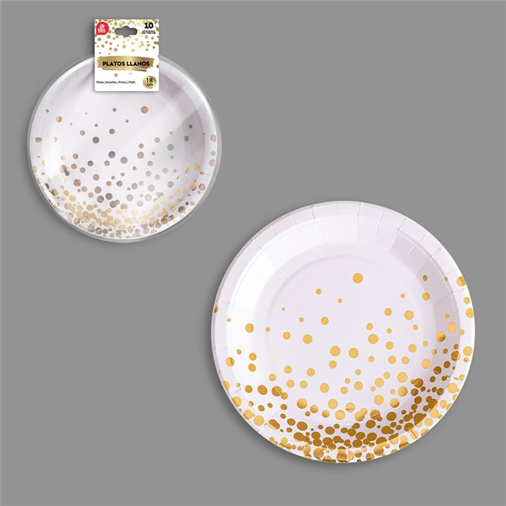 Plato Llano Cartón Ø18 Cm, Blanco / Dorado.  10 Unidades