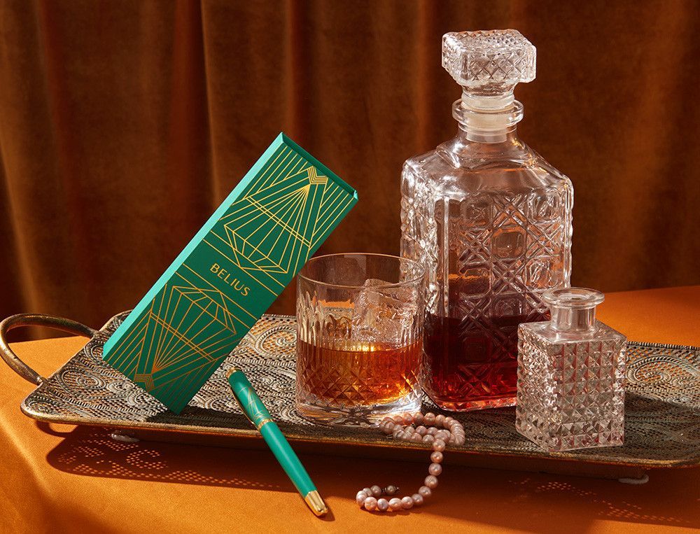 Pluma belius soiree aluminio color art deco turquesa y dorado tinta azul caja de diseño