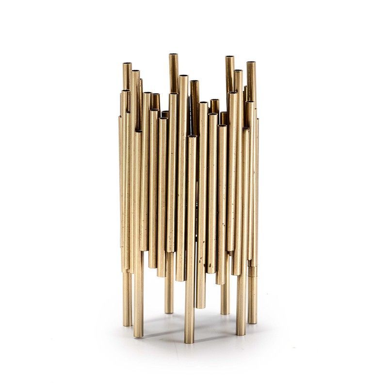Portavela de metal dorado, 14x14x29 cm