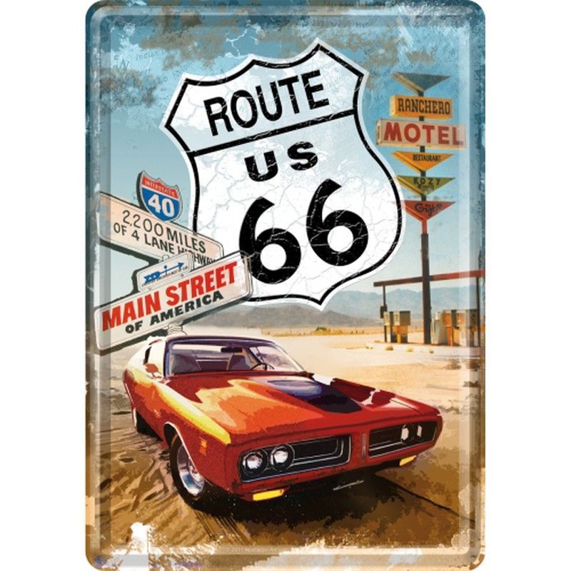 Postal Metal USA Ruta 66 USA Coche Rojo Retro Vintage