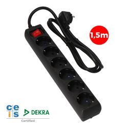 Prolongador Con 6 Tomas 2P+T, 16A 250V~ 1,5 M De Cable H05Vv-F 3G 1,5Mm², Con Interruptor,  Negro.