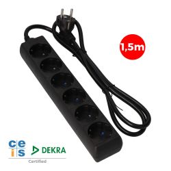 Prolongador Con 6 Tomas 2P+T, 16A 250V~ 1,5 M De Cable H05Vv-F 3G 1,5Mm²,  Negro.