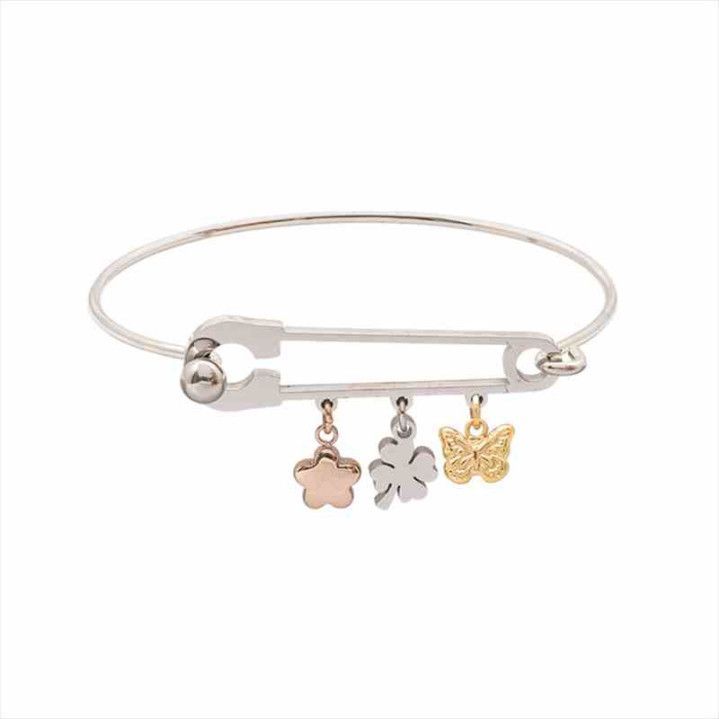 Pulsera Acero B15455 Imperdible Con Flor Trébol Y Mariposa