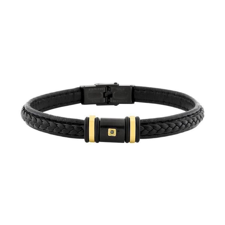 Pulsera Acero Dorada Cargo (AC)C43057 Piel Negra Trenzada 0,015ct Brillante