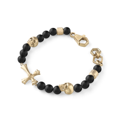 Pulsera Acero Dorado Hombre Philipp Plein PJUEA05BU Perlas Ónix Negras Calaveras-Cruz