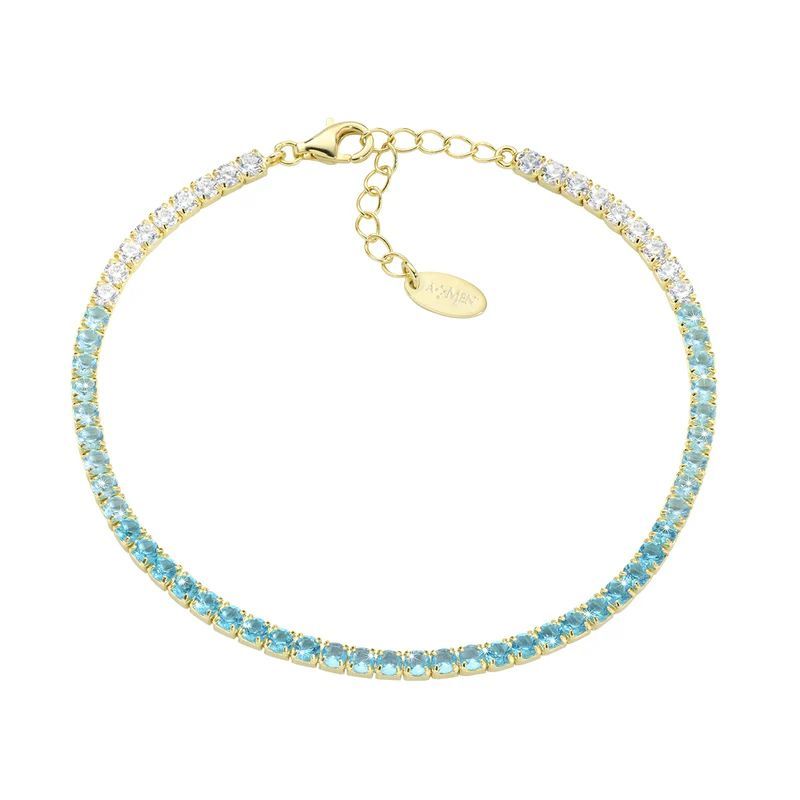 Pulsera AMEN tenis dorada 2,5 mm tonos azul claro. BT25DEGAC17