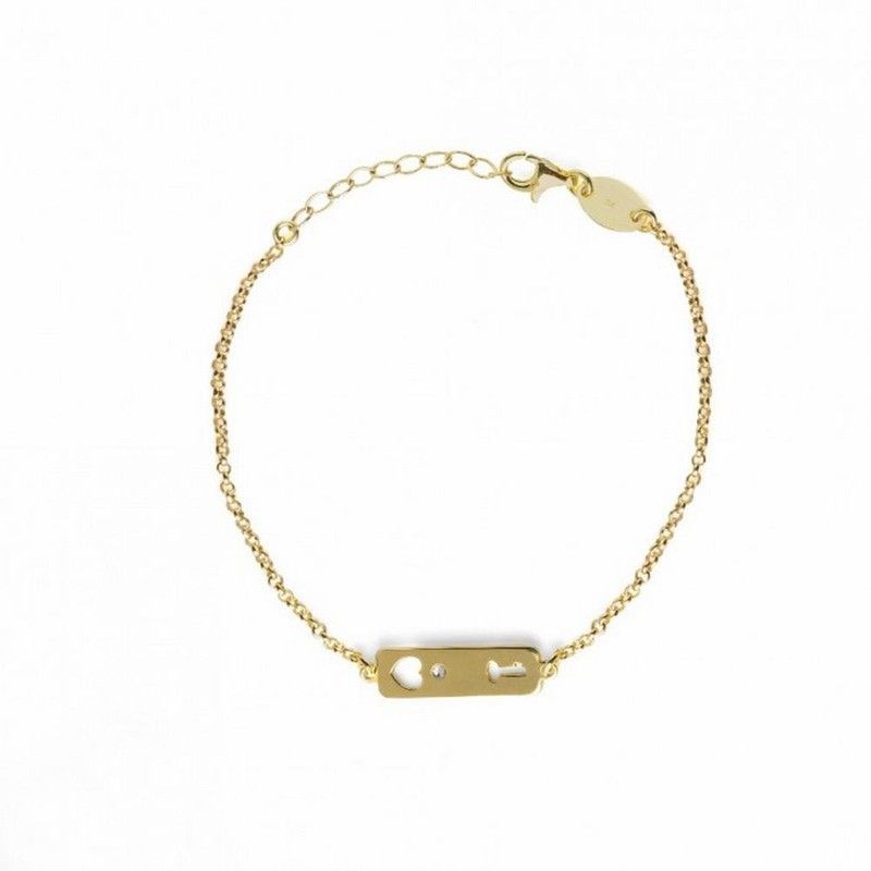 Pulsera de plata chapada en oro con corazon y llave calada