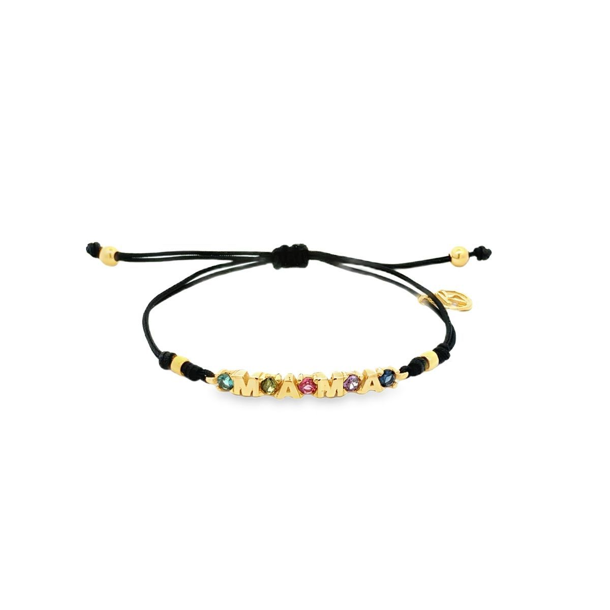 Pulsera de plata chapada en oro con la palabra mama y circonitas de colores