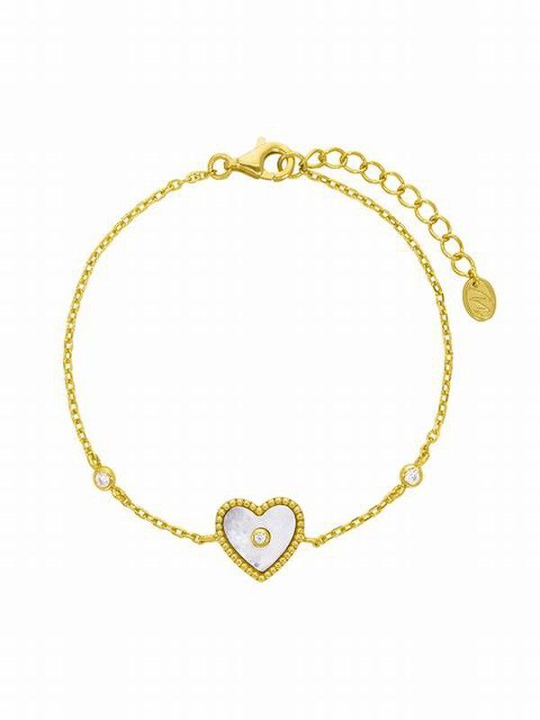 Pulsera de plata de ley chapado en oro con corazon nacarado