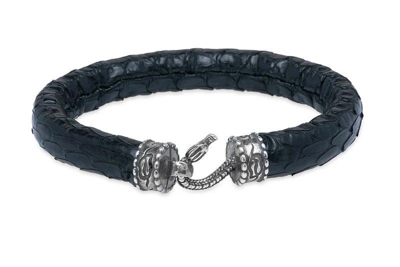 Pulsera Giolina WB518X de Plata de Palo hombre en cuero negro y cierre de plata de ley en forma de serpiente