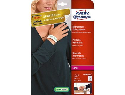 Pulsera identificativa avery polietileno blanca imprimible laser 265x18 mm pack de 50 unidades