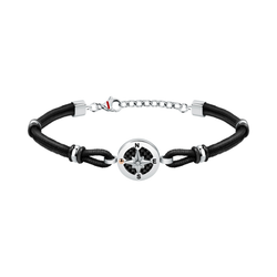 Pulsera Piel-Acero Sector Hombre SAGJ31 Cordón Negro Detalle Brújula En Brillo