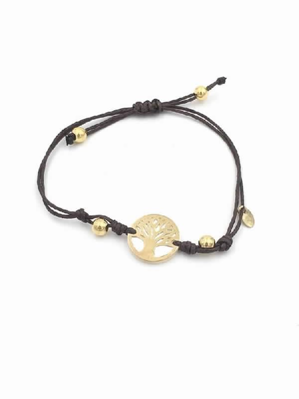 Pulsera plata chapada en oro con árbol de la vida y cordón marrón