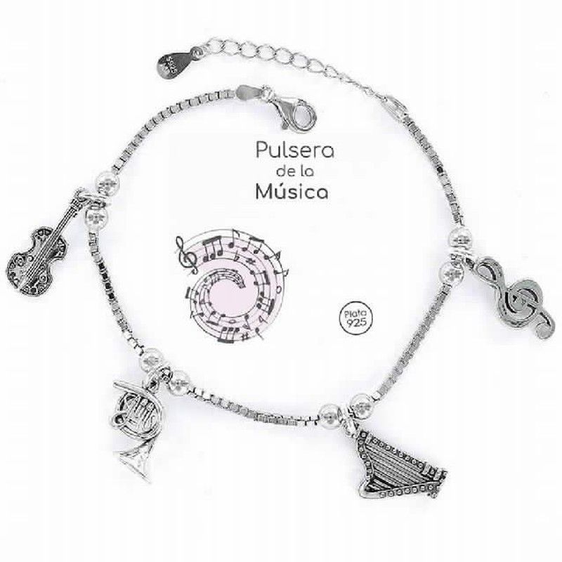 Pulsera plata rodiada con charms de la música