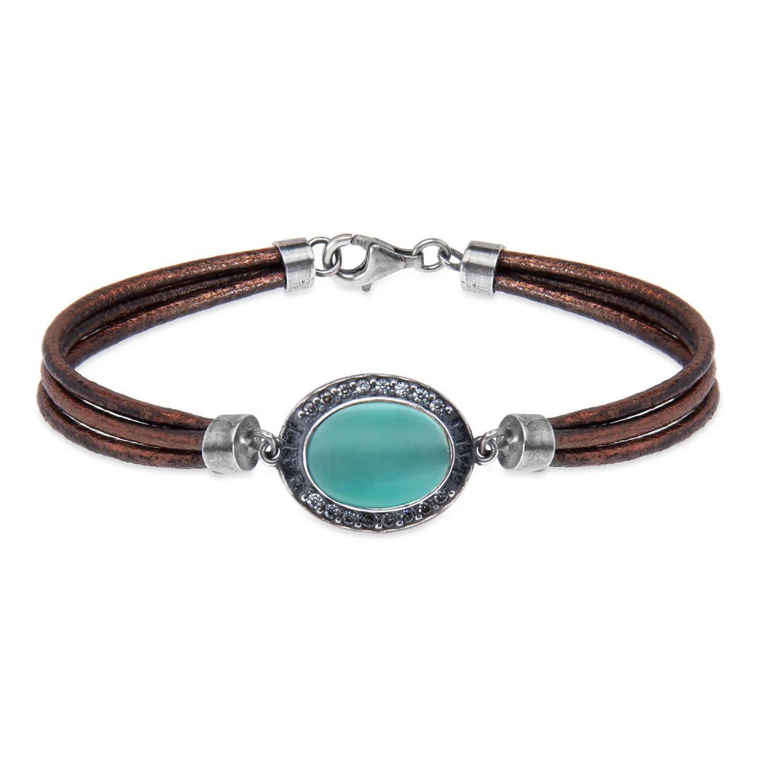Pulsera PLATADEPALO de cuero mujer Meikai con colgante de piedra azul y circonitas. WB563X T/18