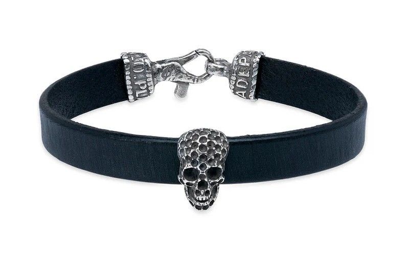 Pulsera Sakoi SB204X Plata de Palo de cuero y calavera en plata de ley