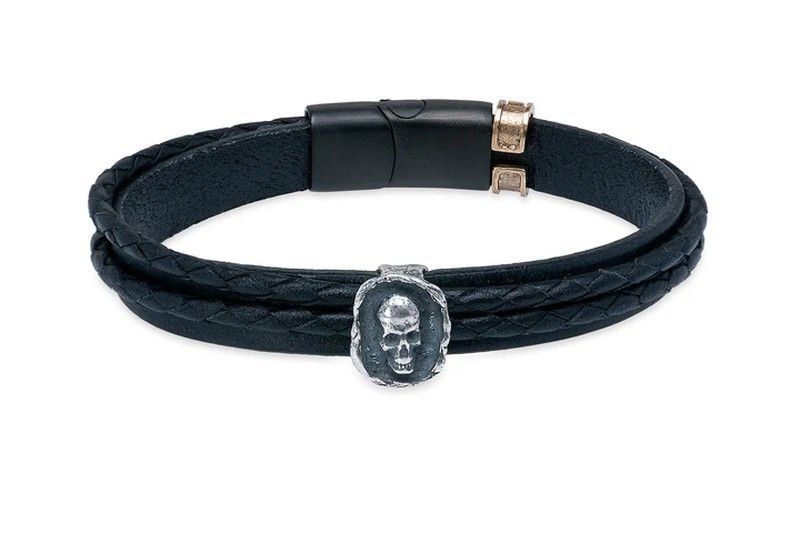 Pulsera Sukam SB203X Plata de Palo diseño minimalista calavera de plata y cuero