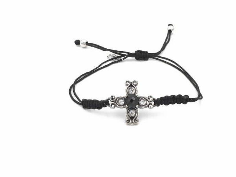 Pulsera Top Silver de plata envejecida con forma de cruz con circonitas y nylon