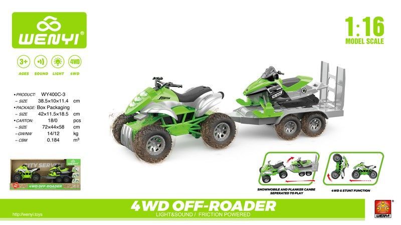 QUAD CON REMOLQUE Y MOTO AGUA 1:16 VERDE